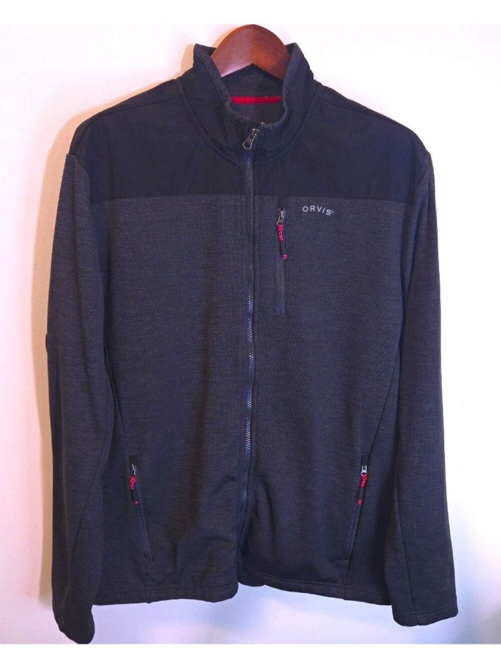 Orvis Classic Collection Men's XL Black Gray Knit Full Zip Jacket Stand-Up Logo